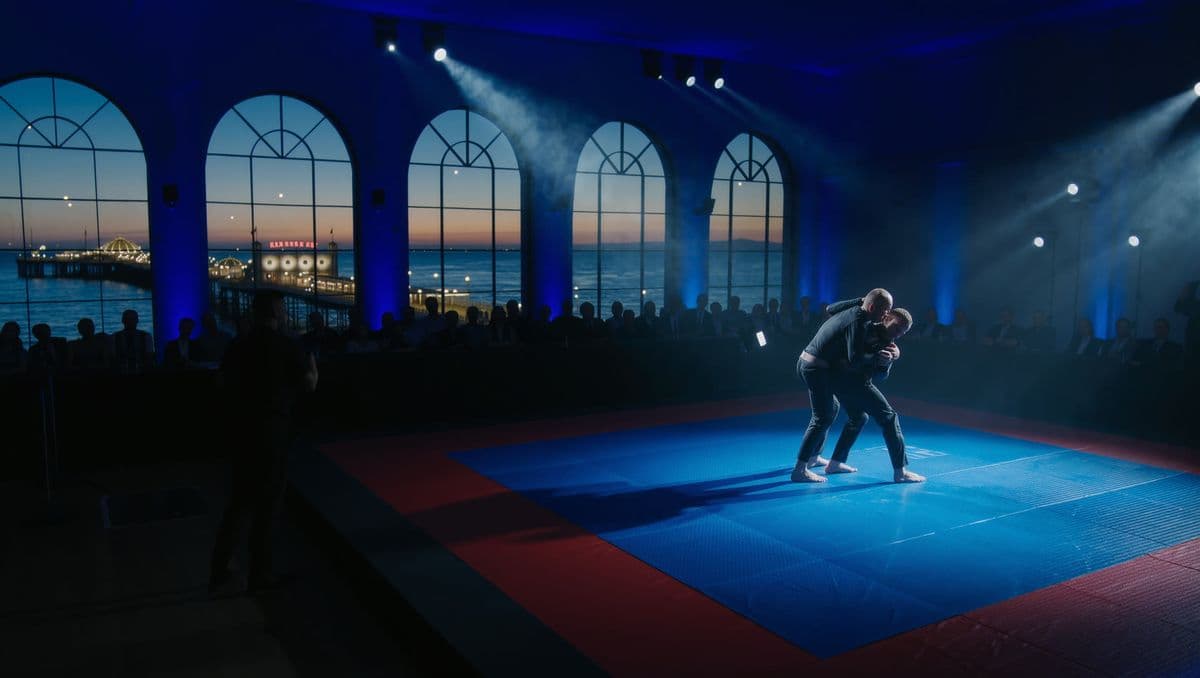 A jiu-jitsu match on blue mats in a seaside ballroom, Brighton pier lit up through the windows