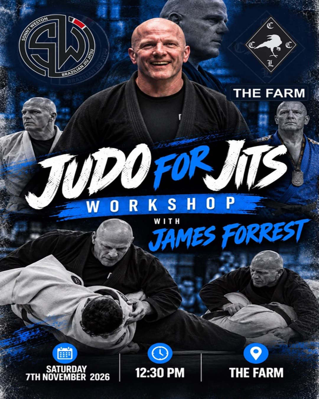 Poster: Judo for Jits workshop with James Forrest at The Farm, Saturday 7 November 2026, 12:30pm