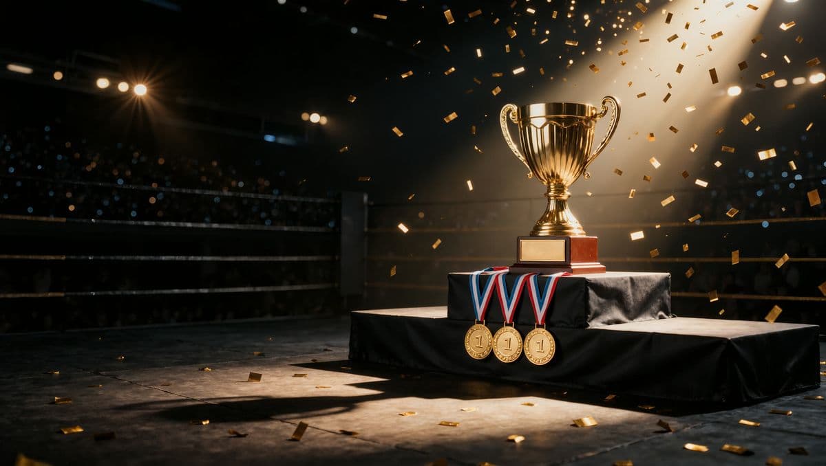 A gold trophy and medals on a championship podium under golden spotlights and confetti